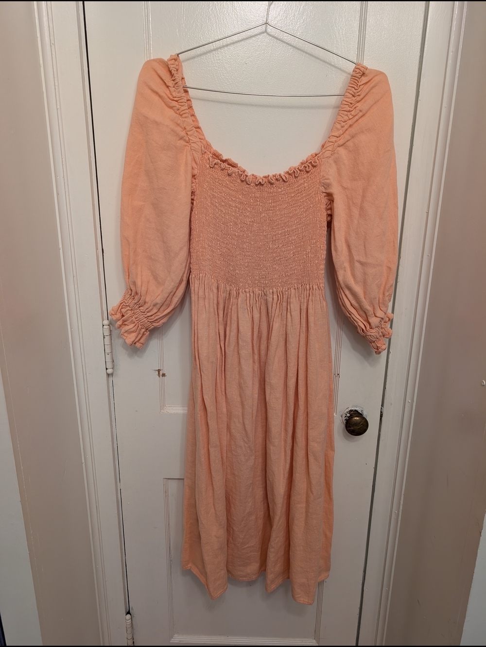 100% Linen Peach Puff Smocked Midi Dress with Puff Sleeves